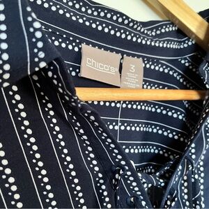 Chico’s Navy Blue & White Dot-Stripe Lace-Up Blouse Size 3 (XL) NWT